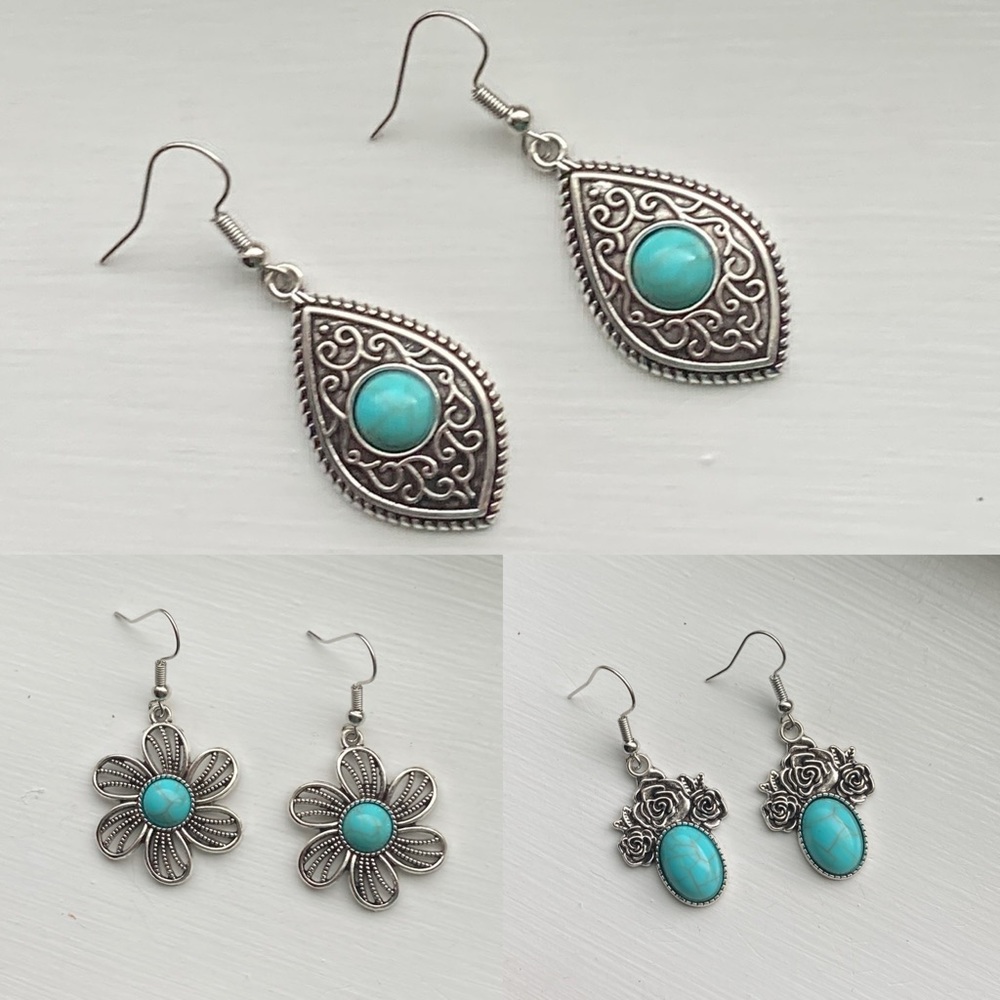 3 pairs of Silver and Turquoise colored dangle earrings Rose Daisy & Teardrop